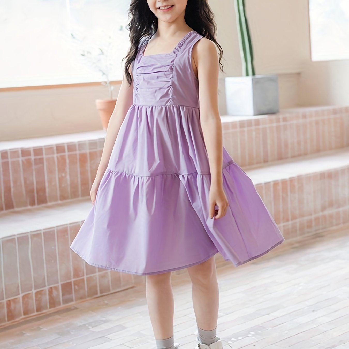 Girl's Lavender Cotton Dress Halter Sleeveless Princess Style Skirt