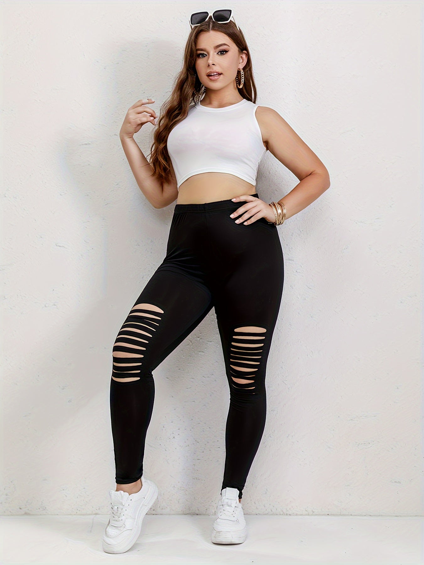  Solid Ripped High Rise Leggings