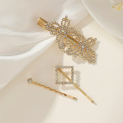 3pcs Rhinestone Hairpin Butterfly Square Glitter Hair Clip for Women Girls