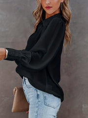  Solid Button Up Lantern Sleeve Blouse
