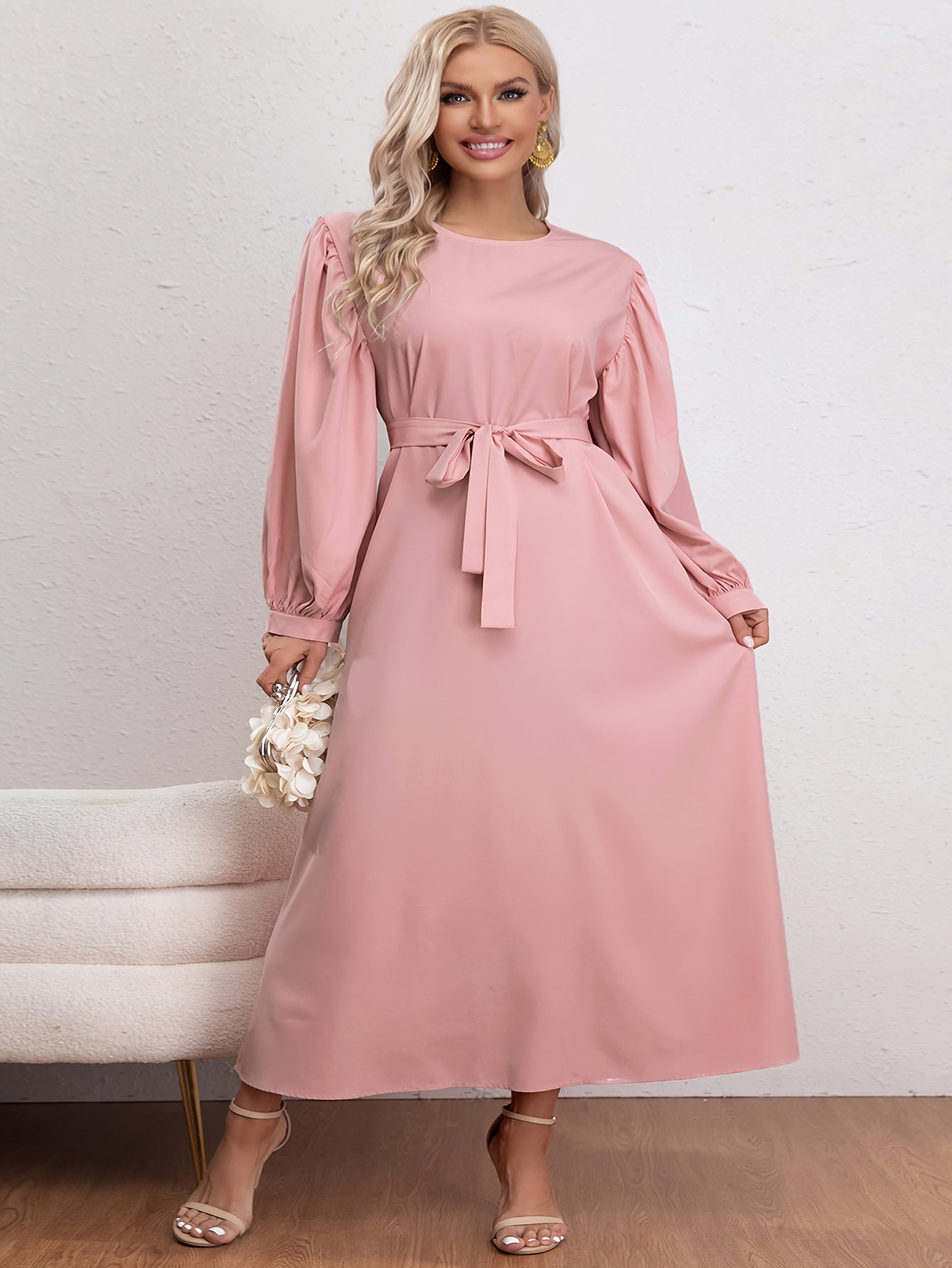 Women's Plus Solid Lantern Sleeve Round Neck Maxi Dress With Belt
