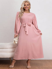 Women's Plus Solid Lantern Sleeve Round Neck Maxi Dress With Belt