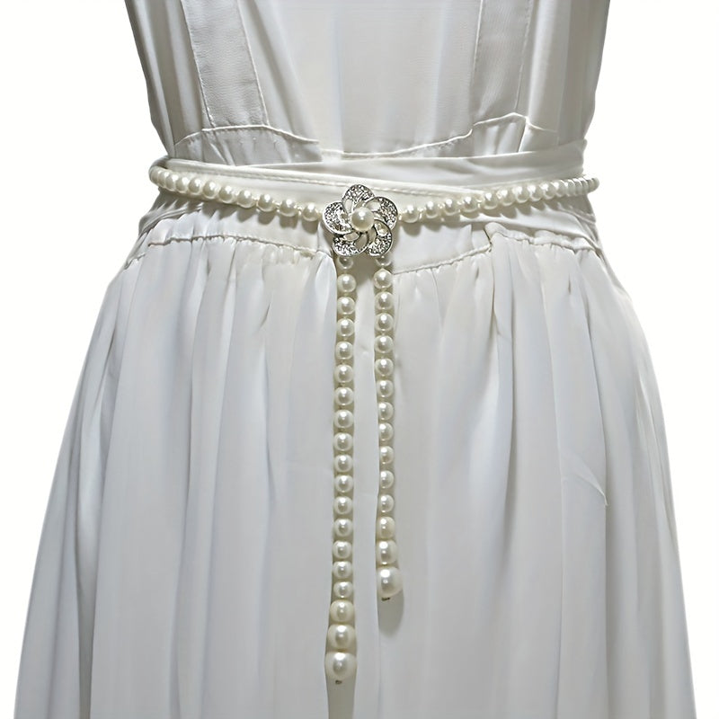 Faux Pearl Thin Belt Flower Buckle Sash Belt For Women