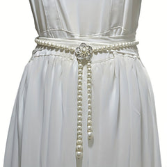 Faux Pearl Thin Belt Flower Buckle Sash Belt For Women