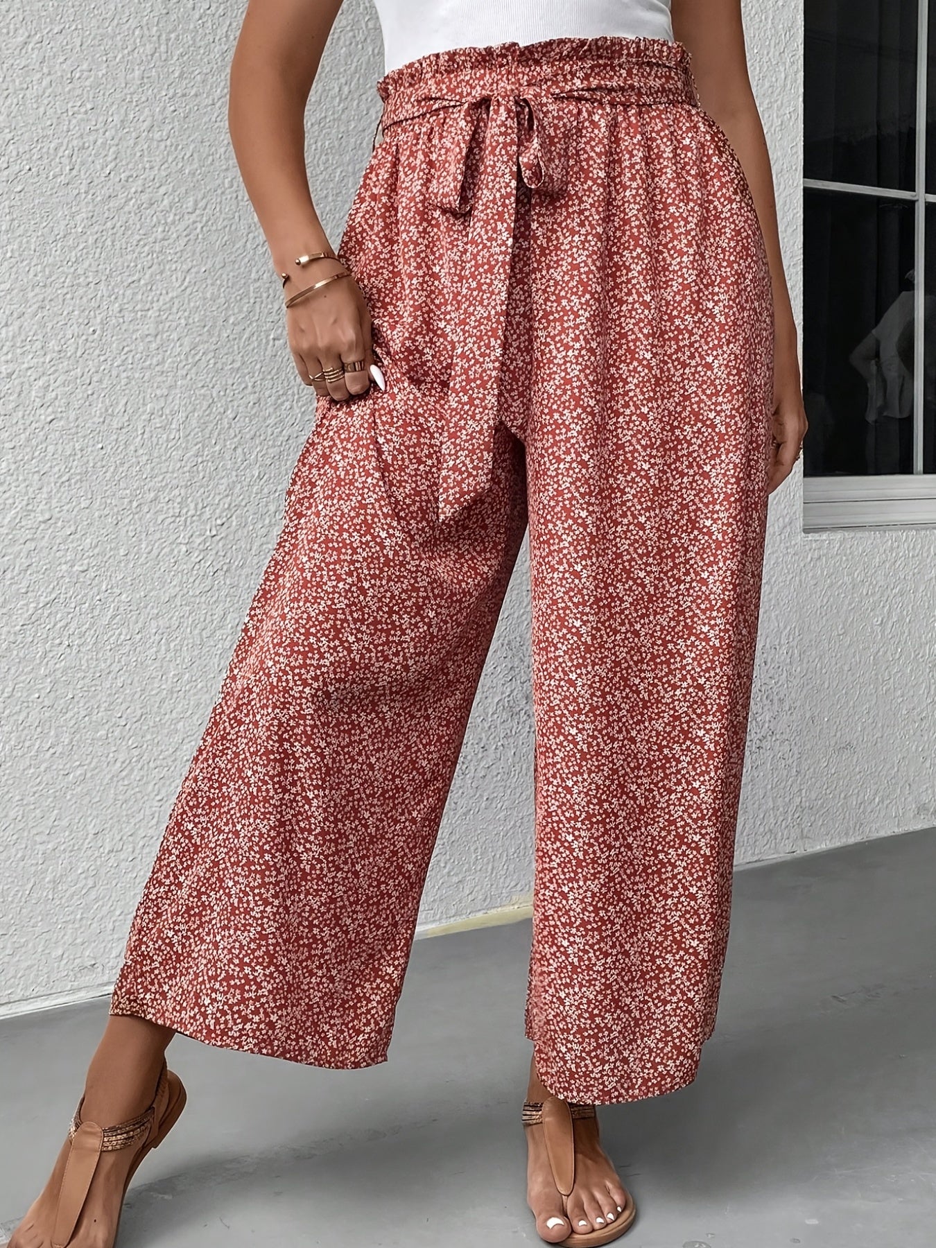  Women's Floral Print Ruffle Wide Leg Pants