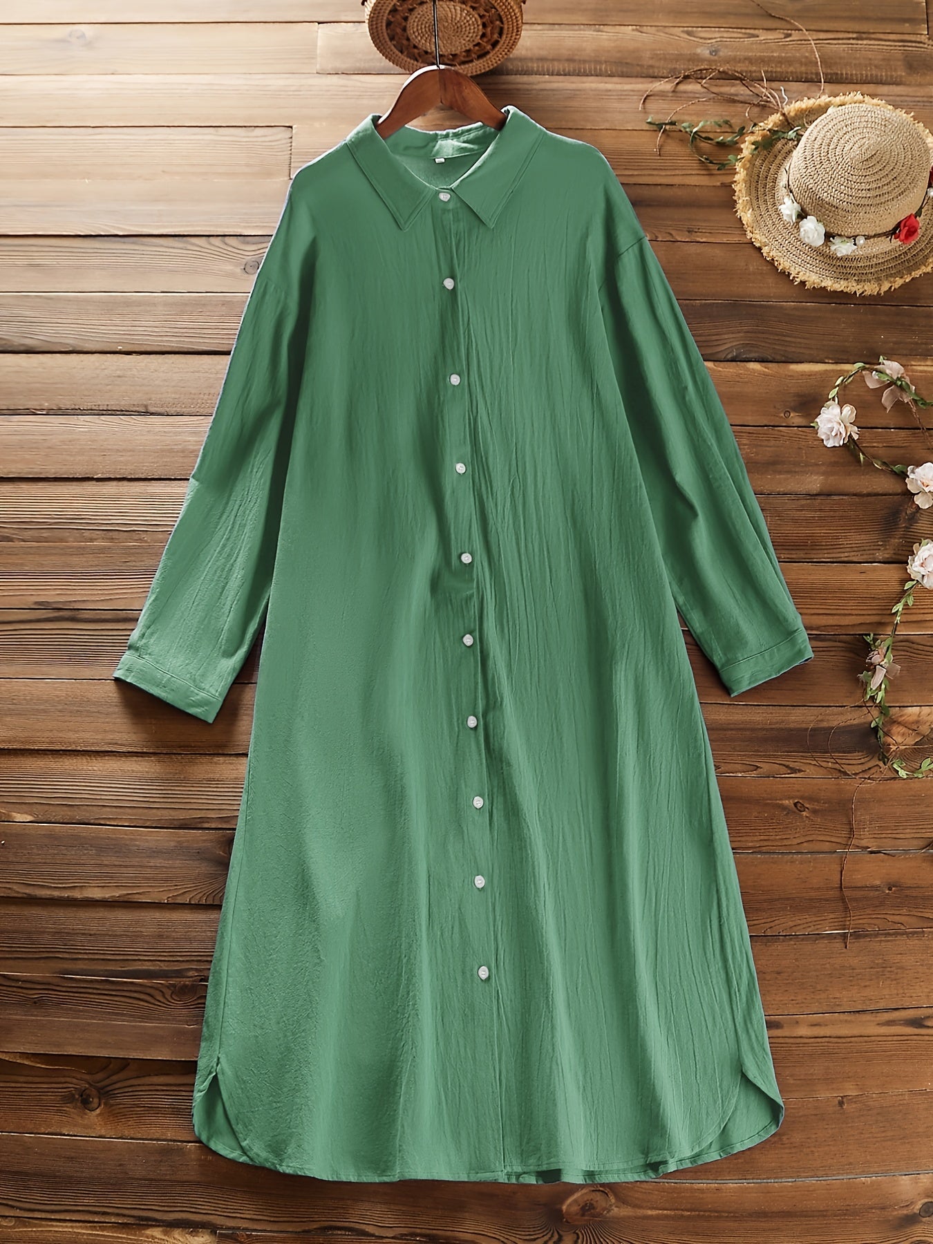  Solid Collared Button Up Shirt Dress
