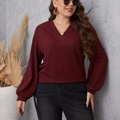  Casual Knit Top Solid Lantern Sleeve V Neck Knit Top