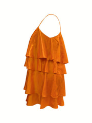  Casual Summer Dress Solid Satin Round Neck Layered Mini Cami Dress