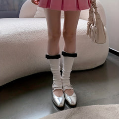 Bow Rib Knit Leg Warmers Knee High Socks Women's Stockings