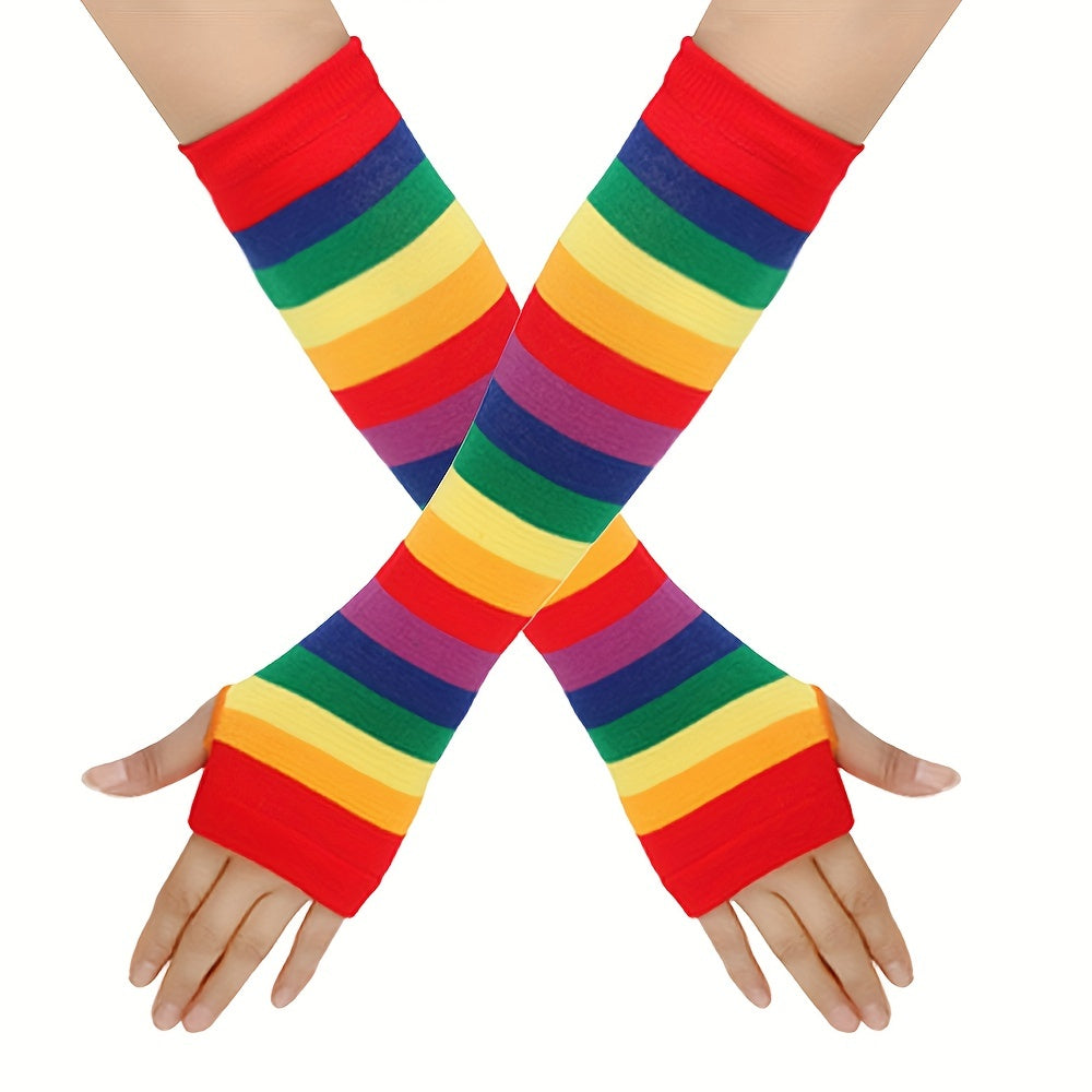 Rainbow Knitted Fingerless Gloves for Winter Outdoor Activities