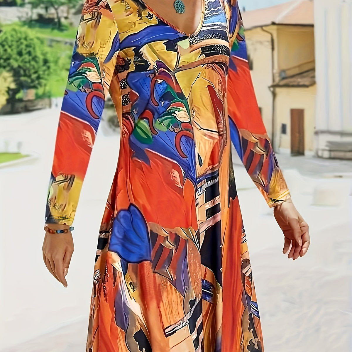  Retro Dress Women's Plus Random Print Long Sleeve V Neck