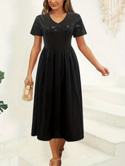  Sequin Short Sleeve V Neck A line Party Dress