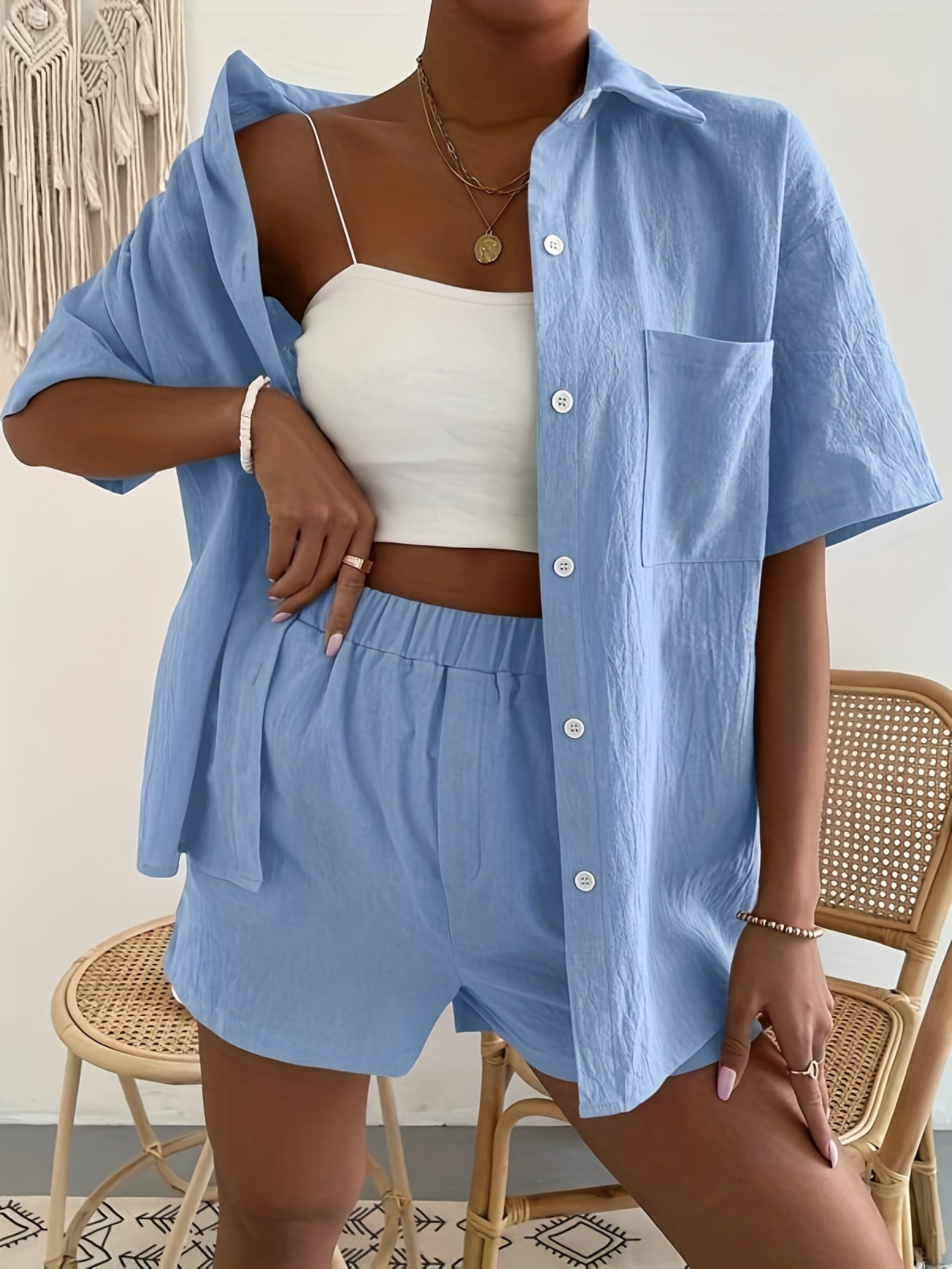 Casual Button Front Shirt & Shorts Set