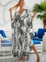  Leaf Print Bat Sleeve V Neck Cover Up Dress