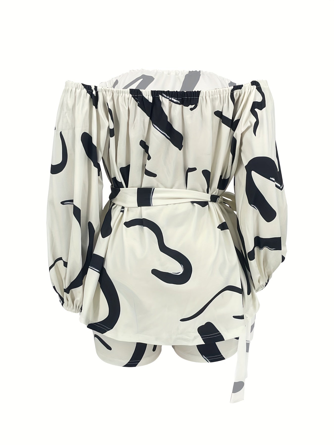 Geometric Print Front Tie Two Pieces Set Off Shoulder Tie Waist Blouse & Shorts