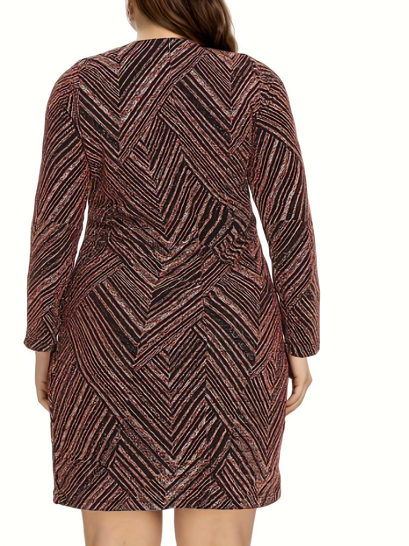  Retro Dress Women's Plus Geo Print Long Sleeve Round Neck