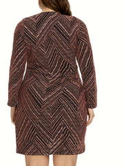  Retro Dress Women's Plus Geo Print Long Sleeve Round Neck
