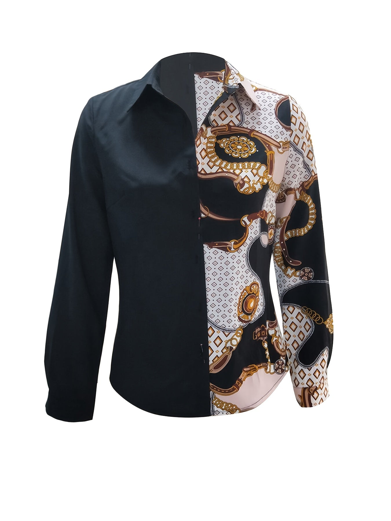  Colorblock Chain Print Long Sleeve Blouse