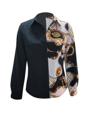  Colorblock Chain Print Long Sleeve Blouse