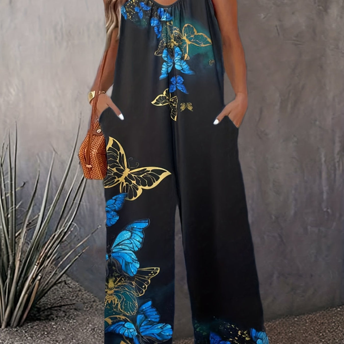  Butterfly Print V Neck Wide Leg Jumpsuit