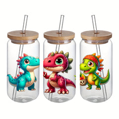 4pcs Dinosaur High UV DTF Wraps Transfer Paper for 16oz Glass Bottle