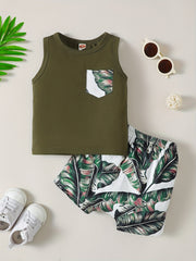 Boys Leaf Print Tank Top & Shorts 2pcs Set