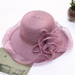 Organza Mesh Flower Sun Hat Striped Ruffles Bucket Hat