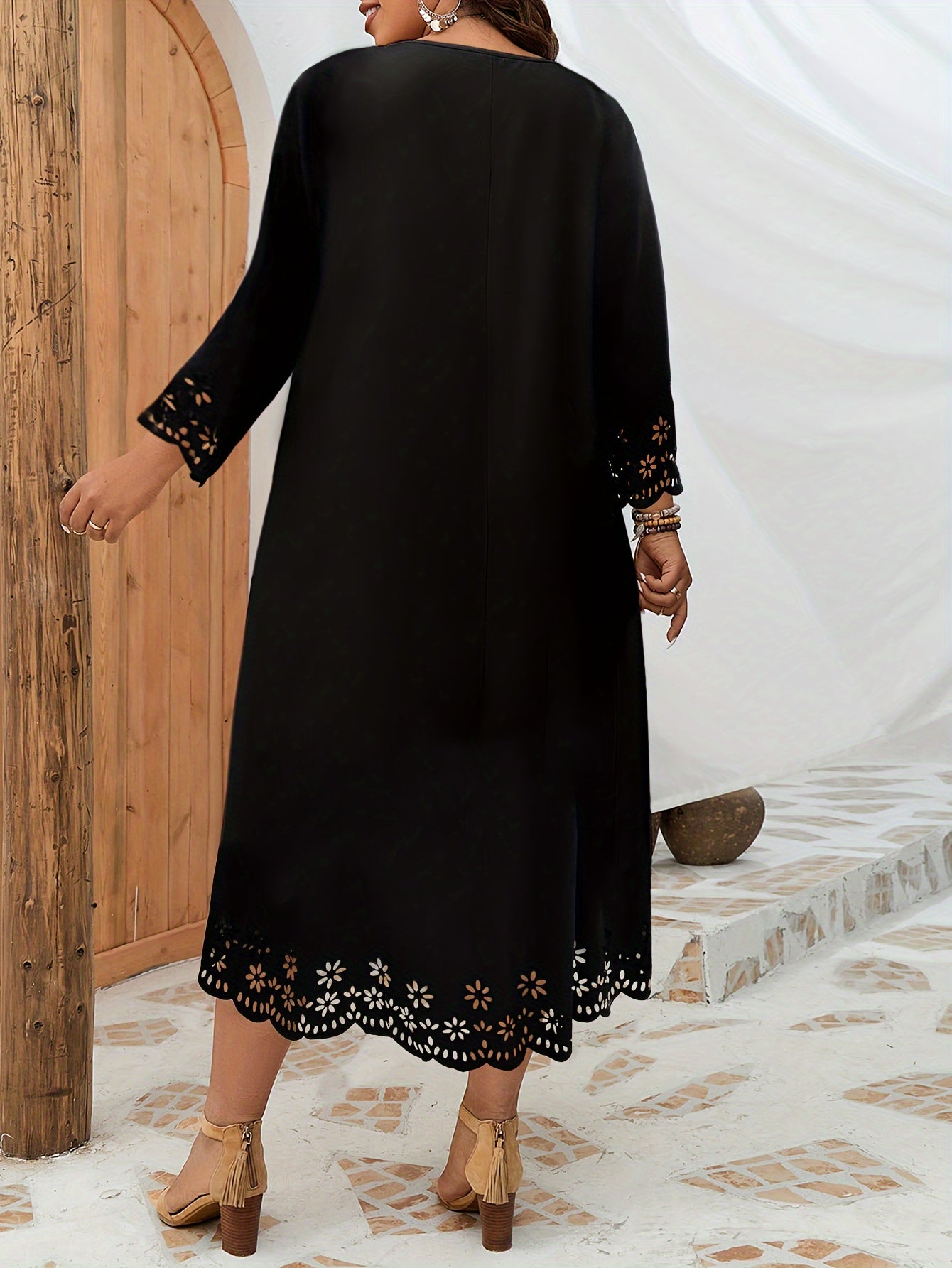  Casual Dress Women's Plus Solid Laser Cut Long Sleeve Dress