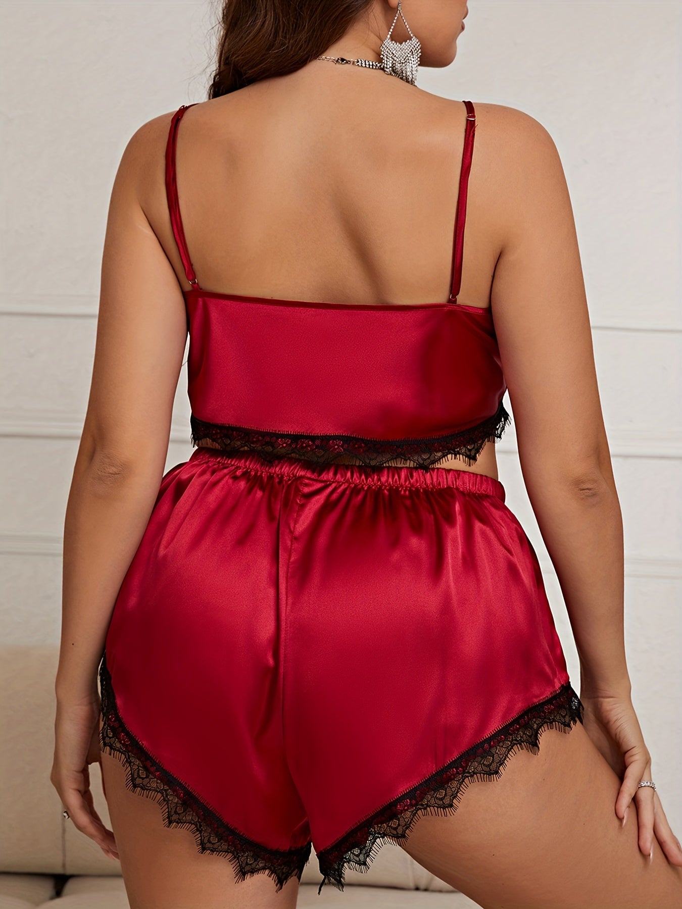  Cowl Neck Lace Trim Pajama Set