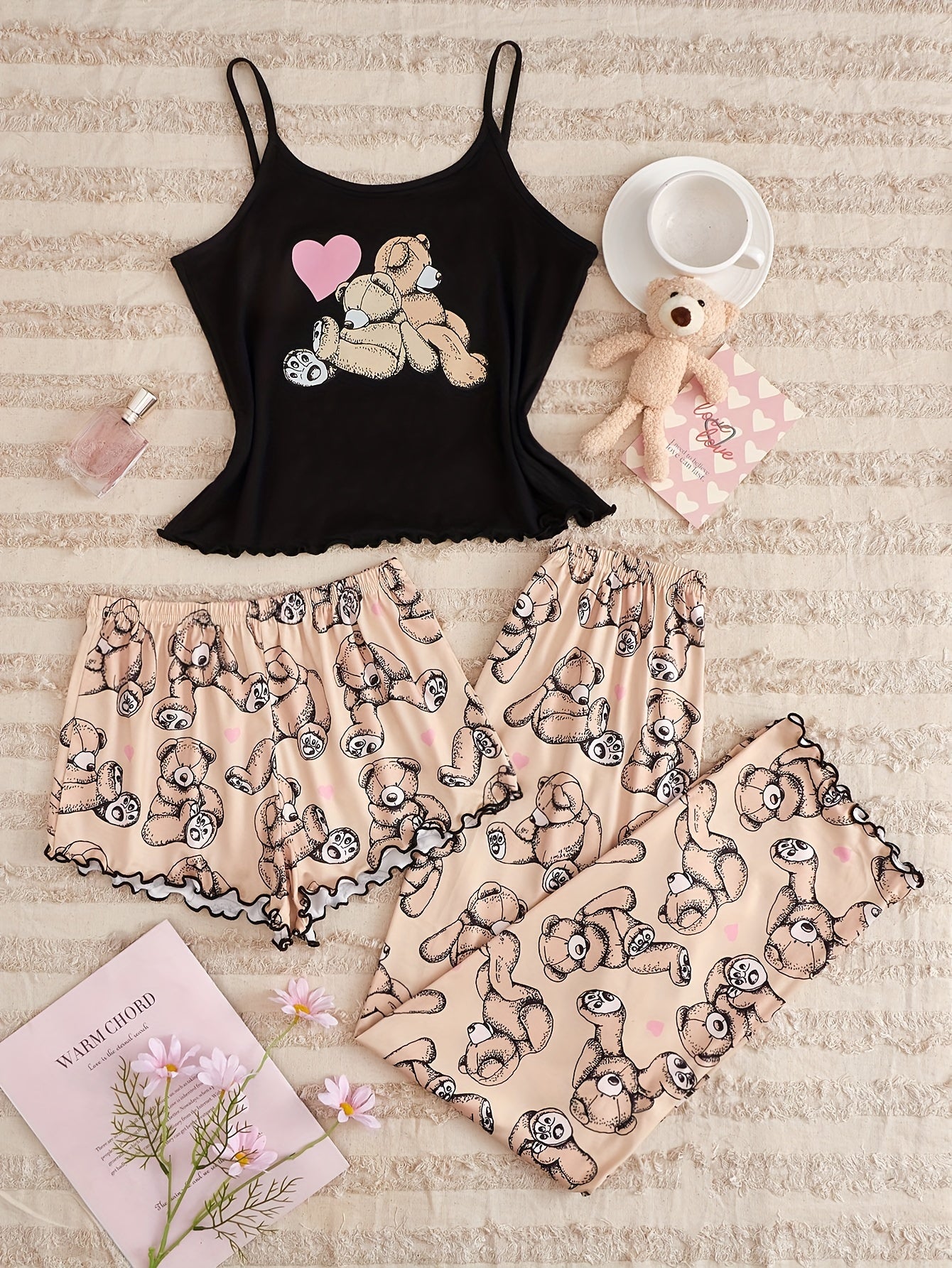 Bear Print Pajama Set Cami Top & Shorts & Pants