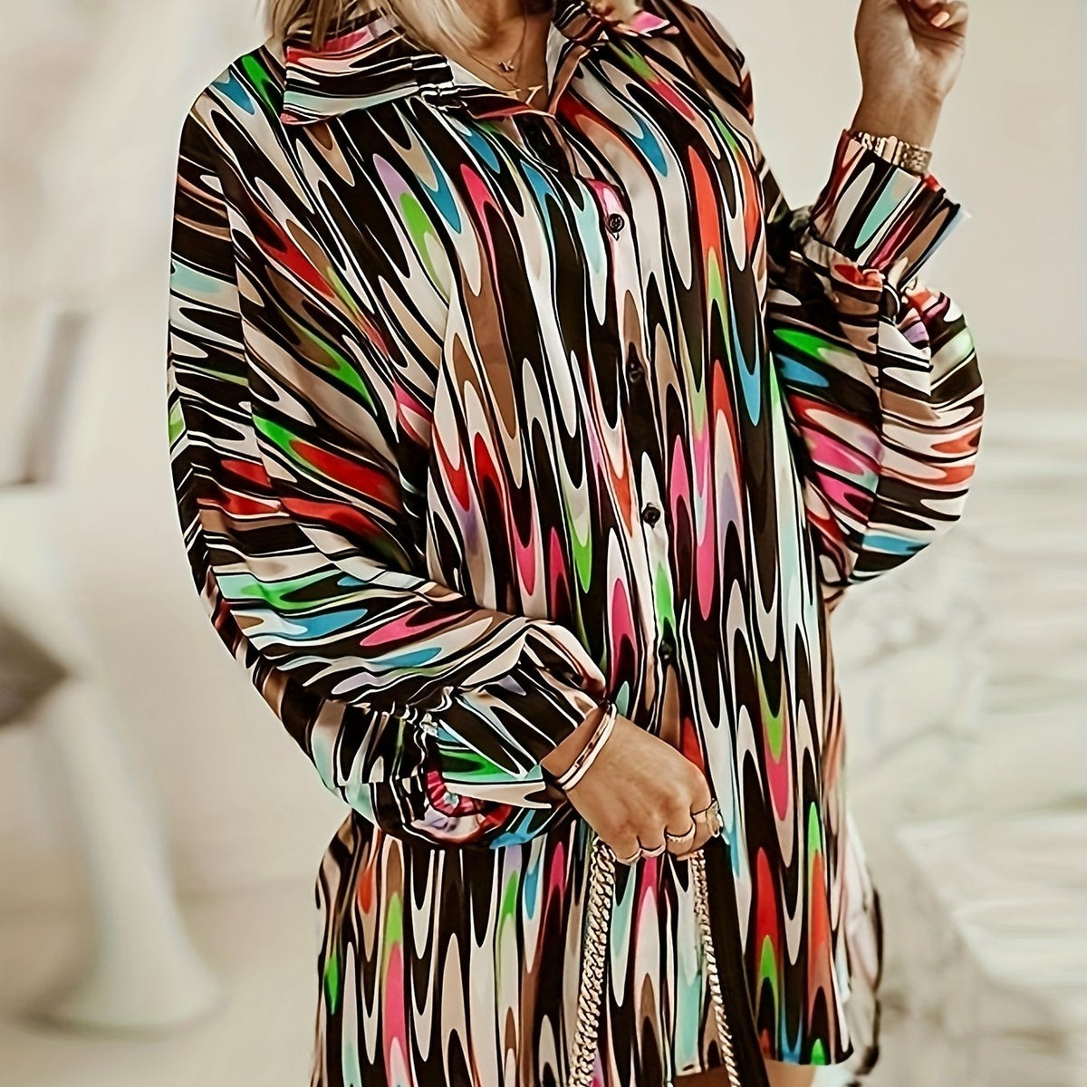  Colorblock Allover Print Button Up Long Sleeve Blouse