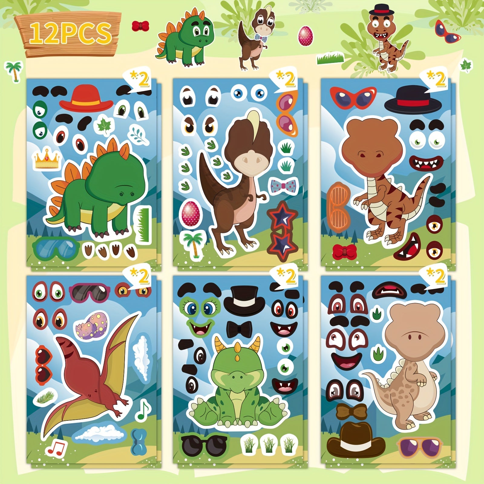 Cartoon Dinosaur Face Decal Sticker Set - 6pcs 12pcs Disposable