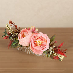 Pink Rose Hair Comb Clip with Greenery for Wedding Prom