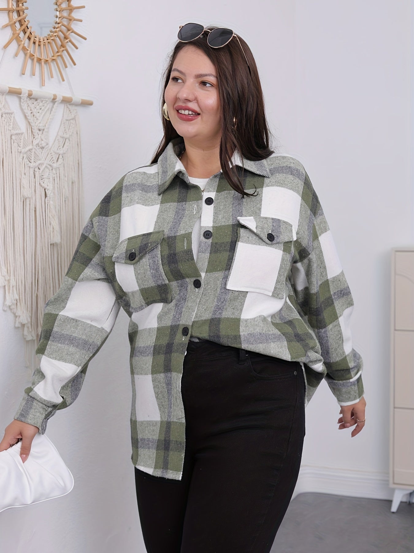  Plaid Print Button Up Collar Shirt Top