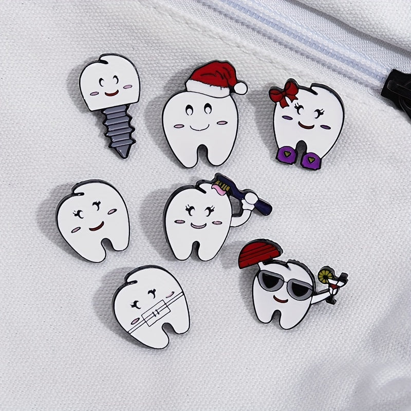 7pcs Love Tooth Care Funny Expression Christmas Hat Brooch Holiday Gift