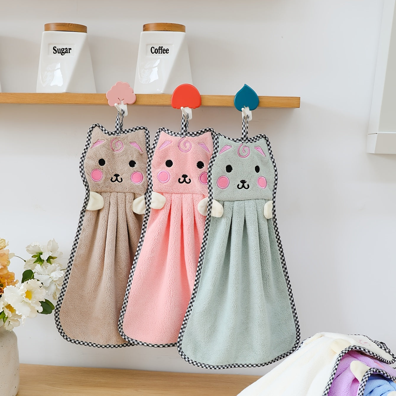6pcs Cartoon Kitten Hand Towel Absorbent Soft Coral Velvet