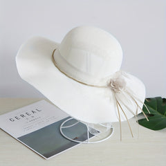 Wide Brim Beach Hat Lace Flower Rope Knot Sun Hat Solid Sunscreen Bucket Hat