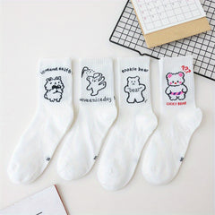 4 Pairs Cartoon Bear Print Socks Women's Mid Tube Stockings