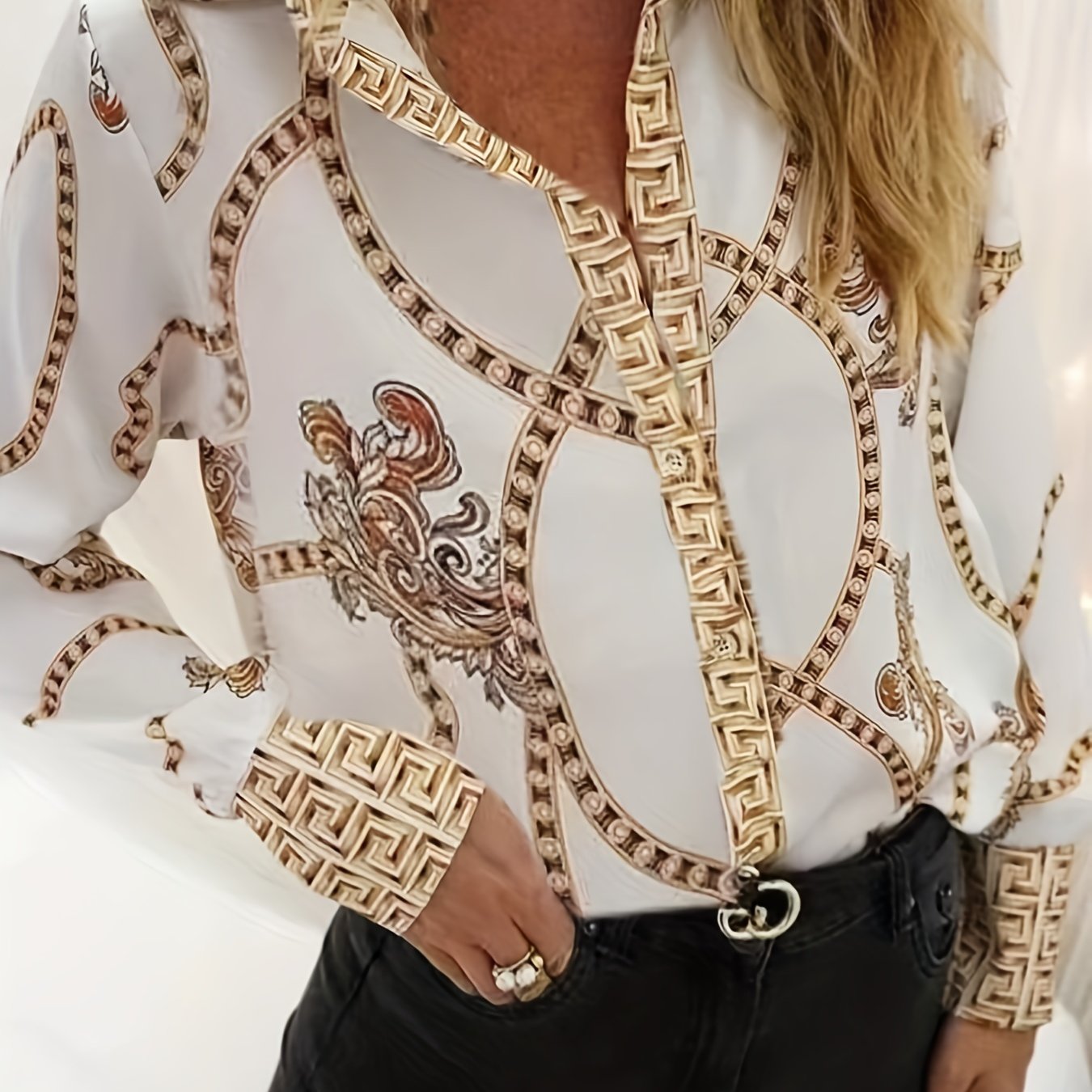  Baroque Print Button Up Blouse