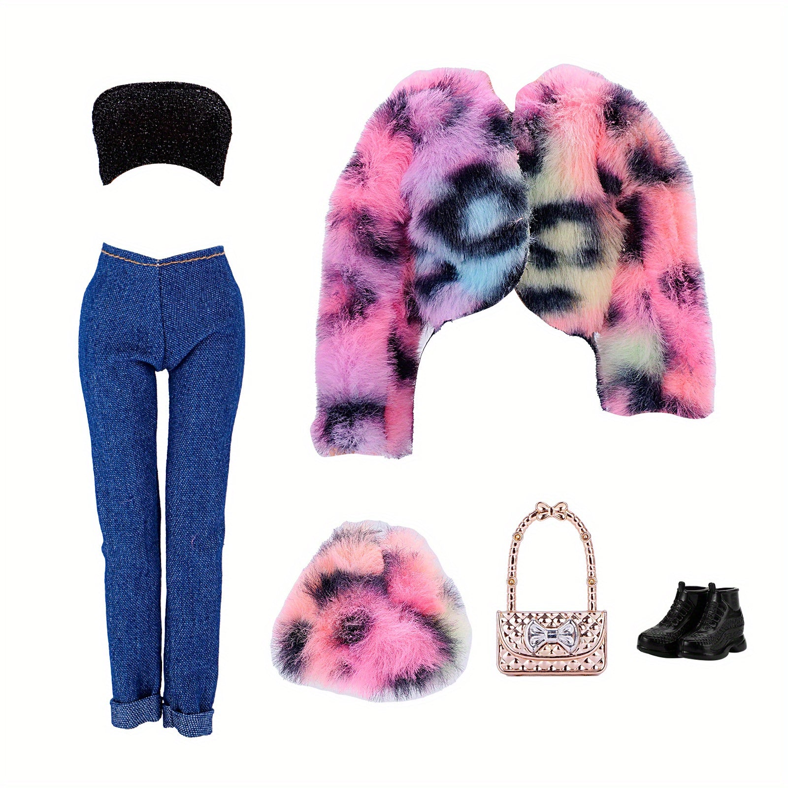 Doll Clothes Set: Faux Fur Coat, Denim Jeans, Accessories