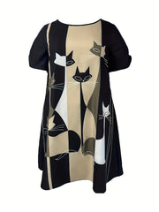 Colorblock Cat Print Round Neck Dress