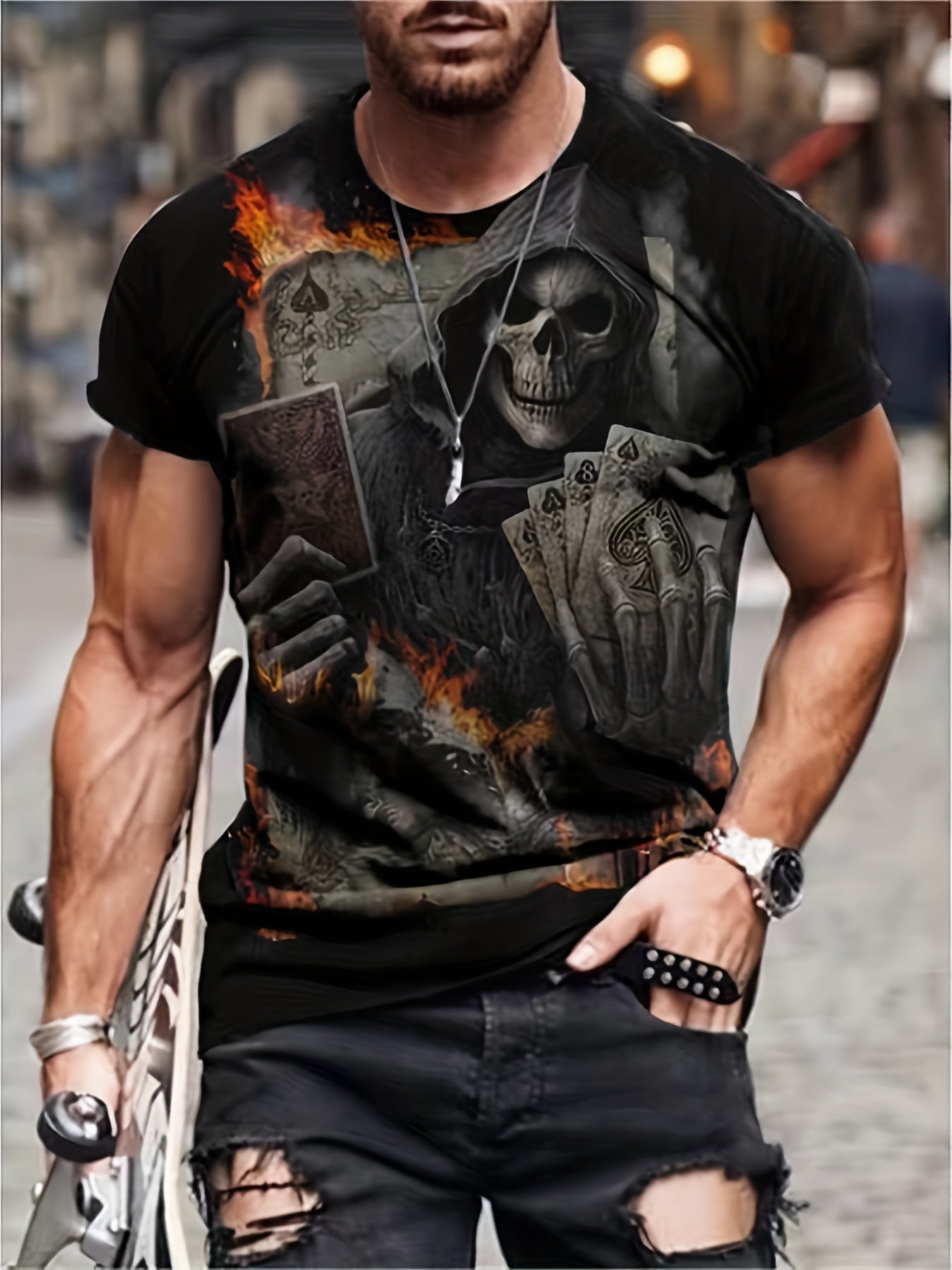 Men's Skeleton & Cards 3D Print T Shirt Crew Neck