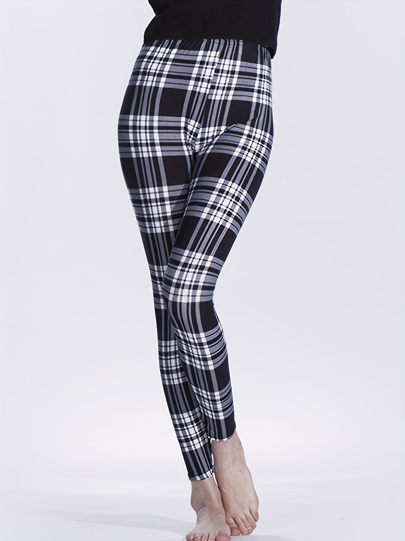 Plaid Print Leggings High Waist Slim Fit Casual Bottoms