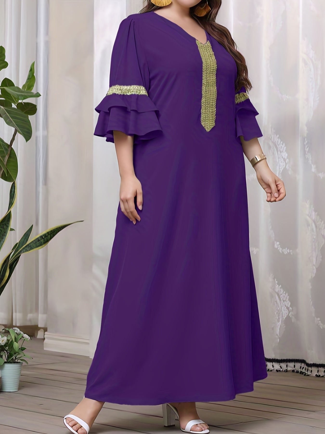  Abaya Dress Women's Plus Contrast Lace Panel Layered Sleeve V Neck Jal