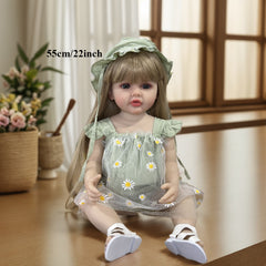 22 Inch Reborn Doll with Long Blond Hair Green Daisy Outfit Sandals