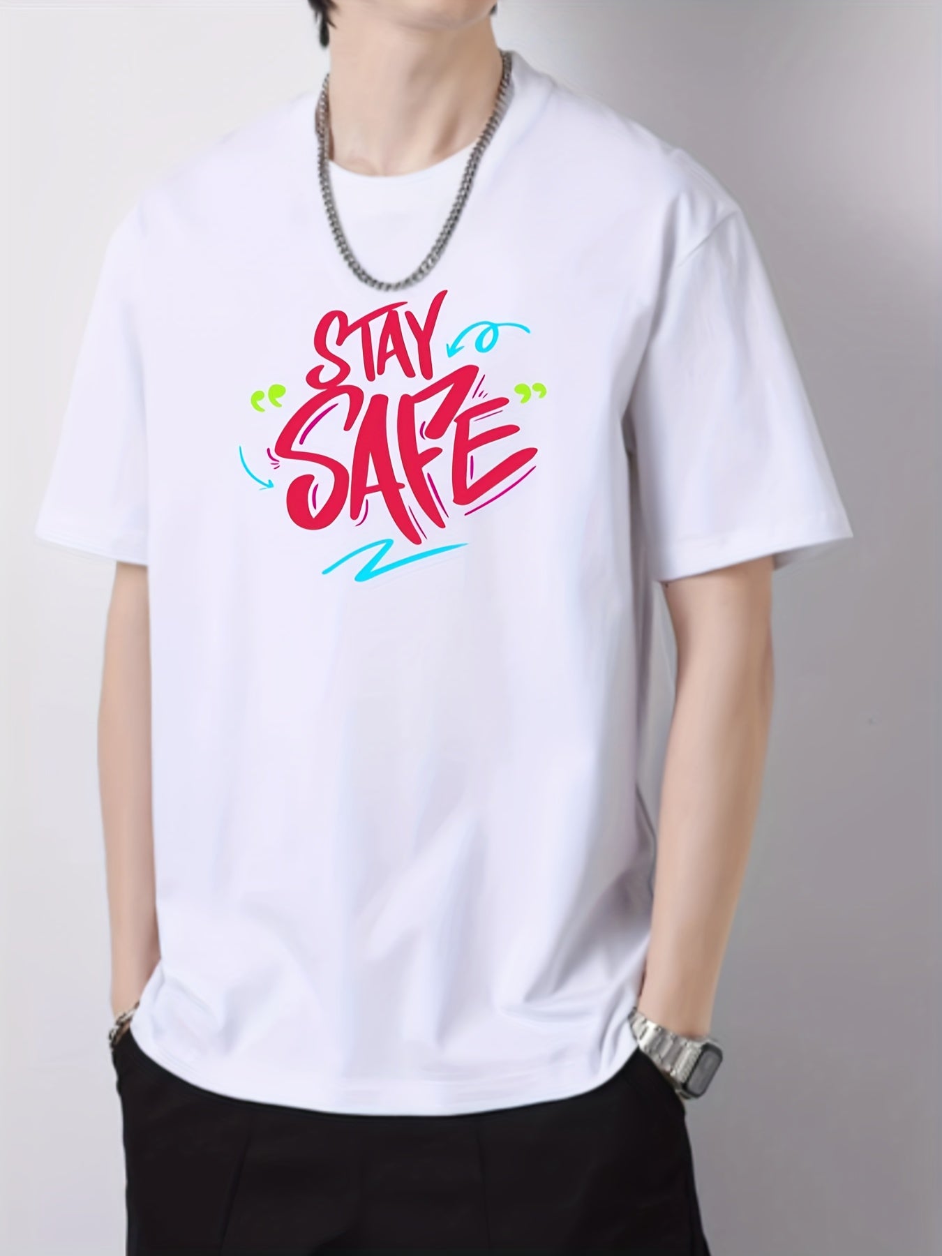 Cotton STAY SAFE Print Men's Graphic Crew Neck Active T shirt