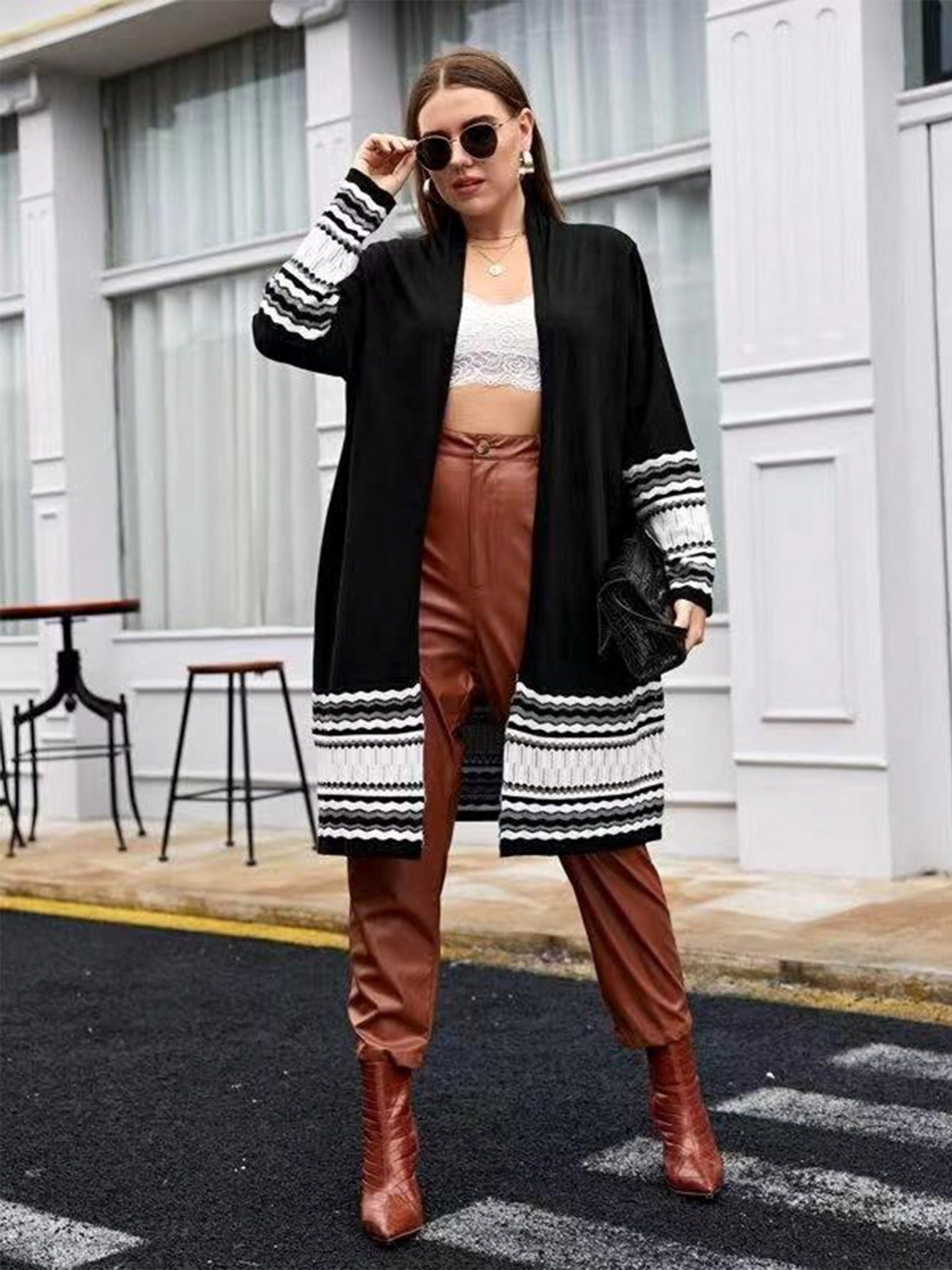  Colorblock Knit High Stretch Sweater Cardigan Women's Plus Long Casual