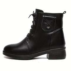 Women's Side Zipper Boots Round Toe Lace Up Shoes Solid Boots