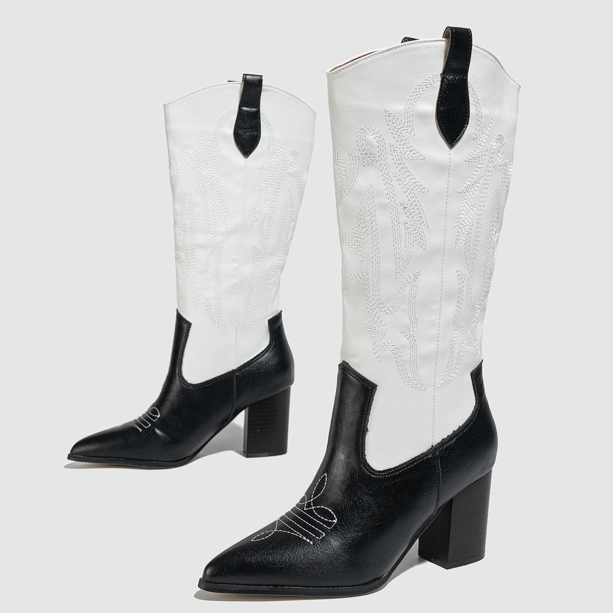 Embroidered Western Boots Point Toe Mid Calf Heel Shoes