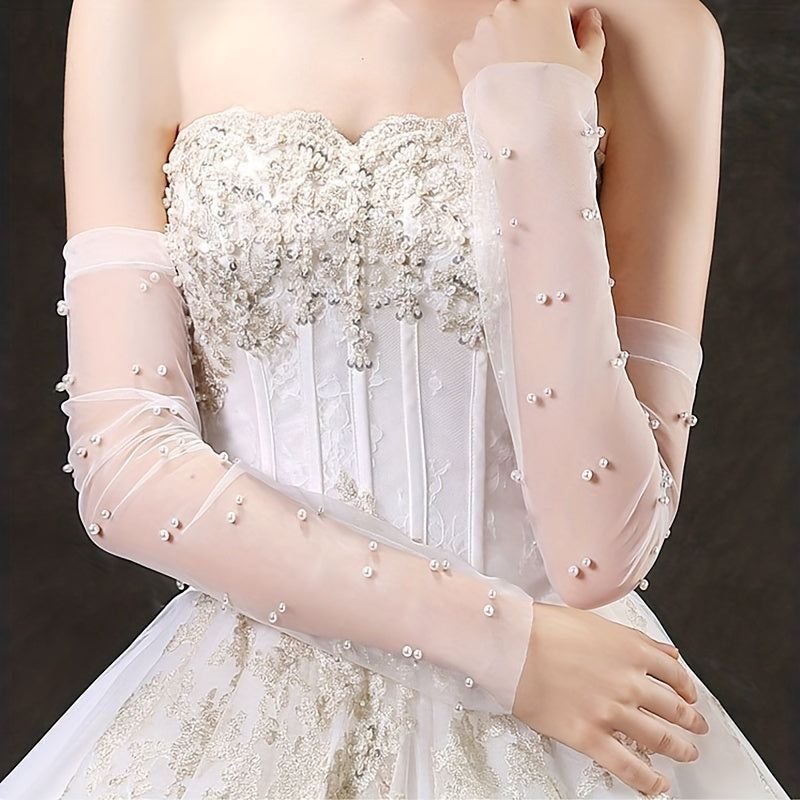 Mesh Long Gloves Faux Pearl Bridal Wedding Dress Gloves